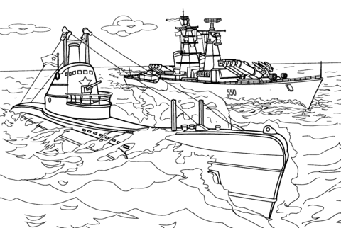 Submarine And Warship Coloring Page